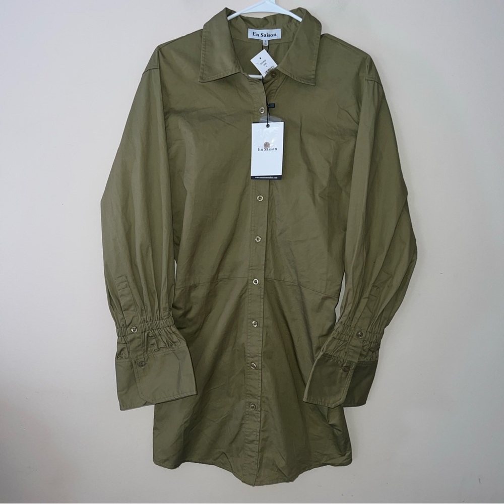 NWT En Saison Sage Green Long Sleeve Mini Button Shirt Dress Women’s Size Small